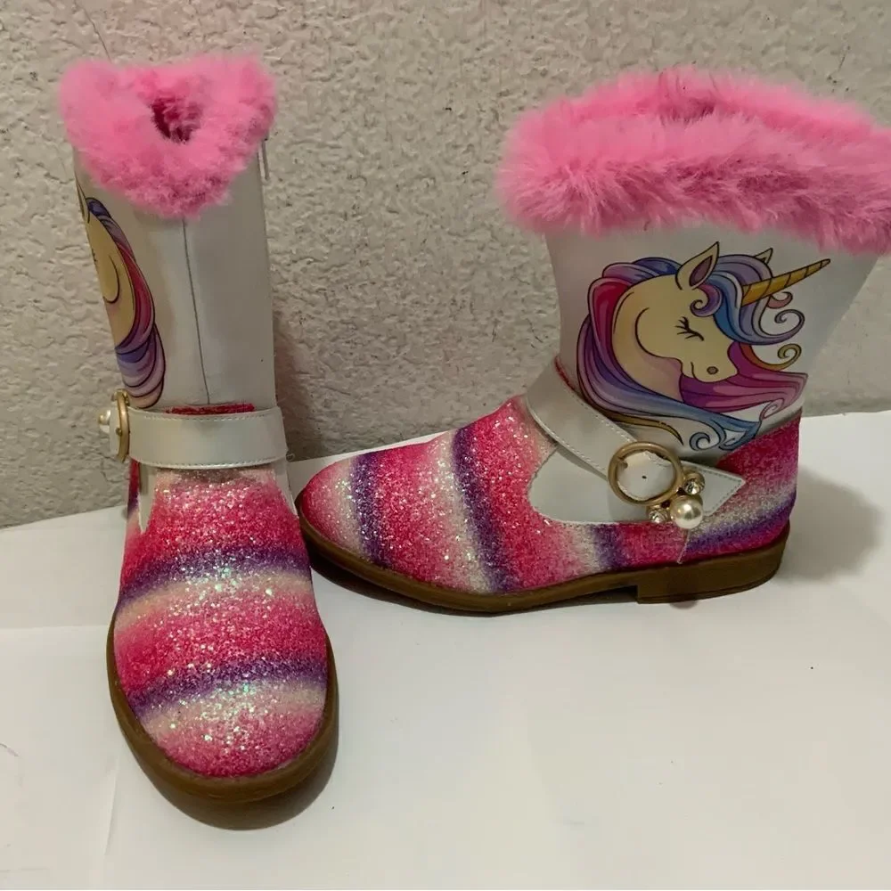 Girls Unicorn Glitter Boots with Faux Fur Trim By Liv and Mia 4Y